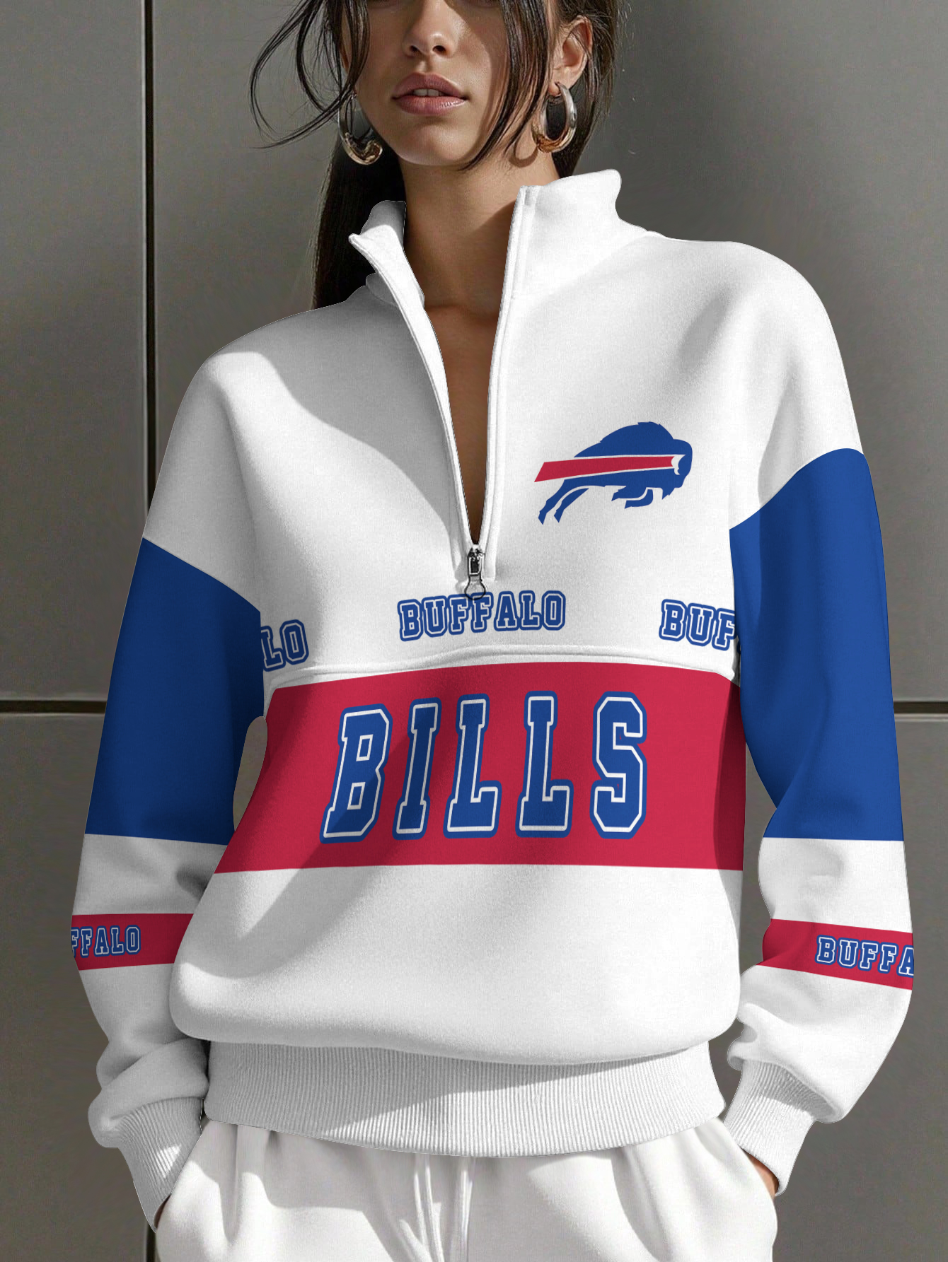 Buffalo Bills  Women Plain Color Zip Up Long Sleeve Sweatshirt