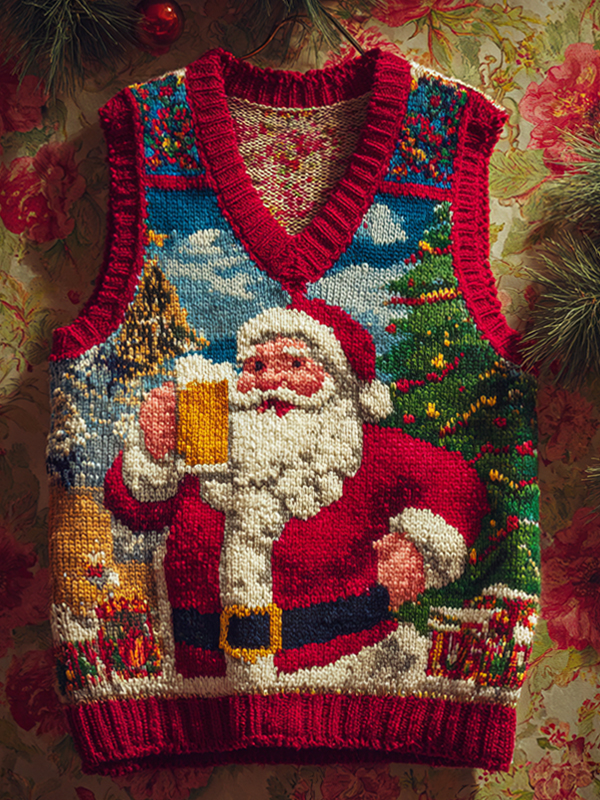 Men's Pixel Art Santa Claus Drinks Beer Print V Neck Knit Vest