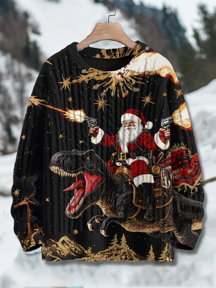 Men's Santa Claus Shooting And Sitting On A Dinosaur Mount Fireworks Art Print Knit Sweatshirt