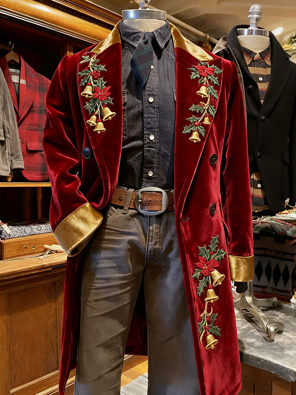 Men's Christmas Holly Bells Print Corduroy Trench Coat