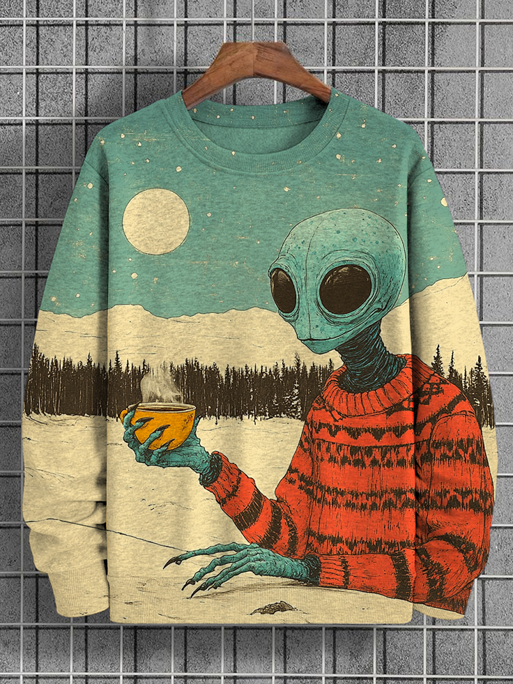 Men's Alien Come To Earth To Drink Hot Cocoa Print Casual Sweatshirt