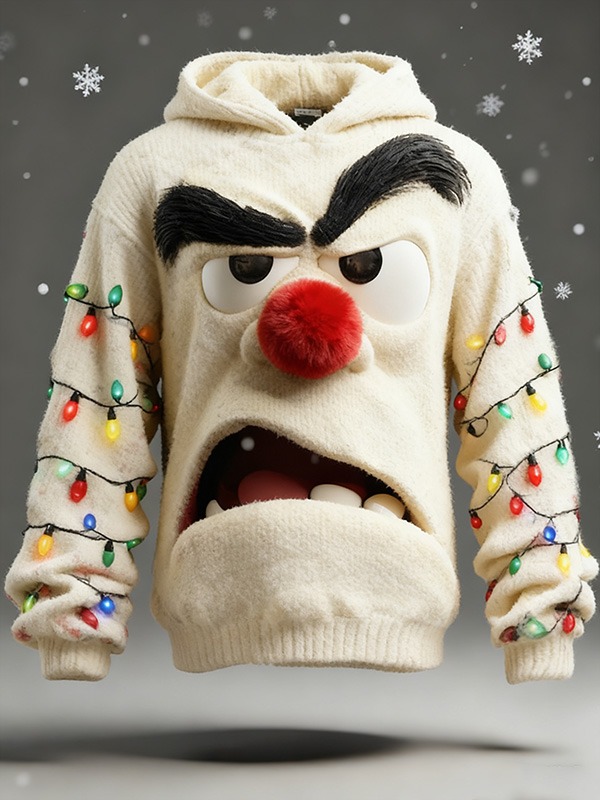 Men's 3D Angry Cartoon Face and Colorful String Lights Print Knit Hoodie