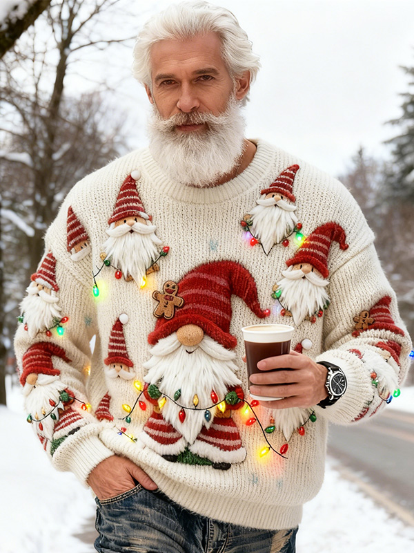 Men's Christmas Lights Gnome Print Knit Sweatshirt