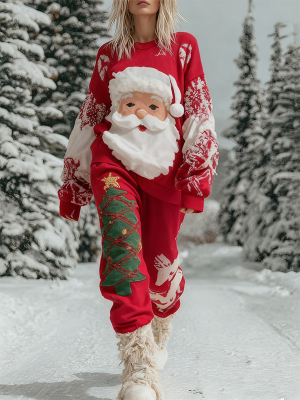 Women's Christmas Tree Santa Claus Print Sweatshirt Casual Pants Matching Set