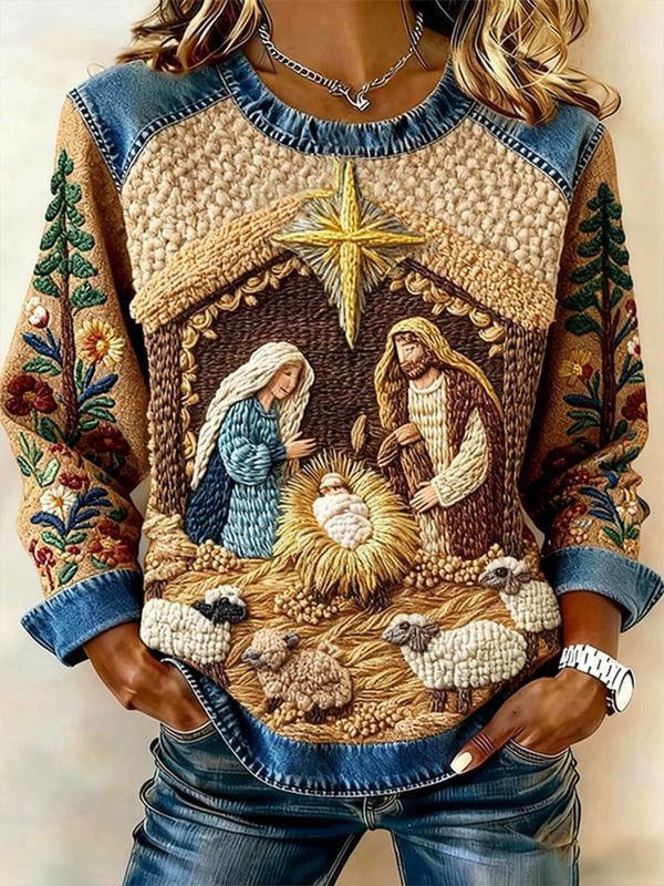 Women's Virgin Mary Jesus Lamb Print Casual Sweatshirt