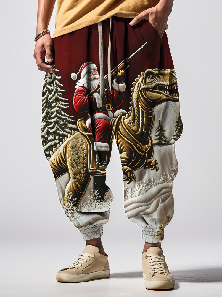 Men's Santa Claus And Dinosaur Print Christmas Loose Drawstring Waist Sweatpants