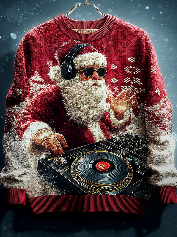 Men's Hip-hop Santa Claus Christmas DJ Print Knit Sweatshirt