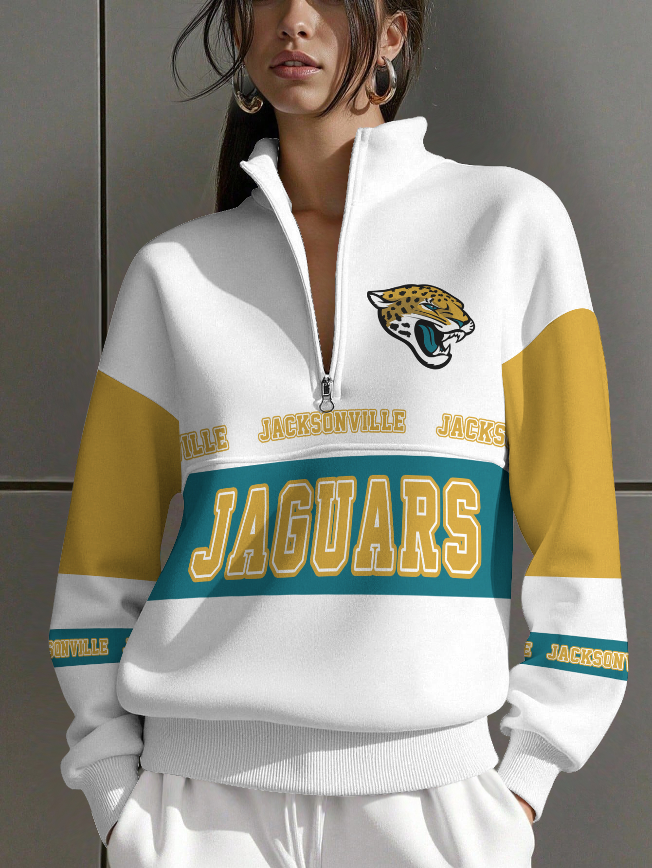 Jacksonville Jaguars  Women Plain Color Zip Up Long Sleeve Sweatshirt