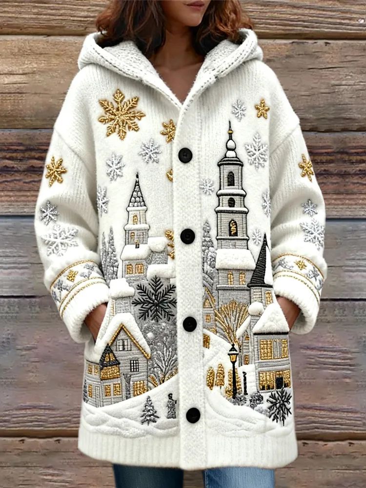 Women's Christmas Snowy Town Print Knit Hooded Cardigan Coat