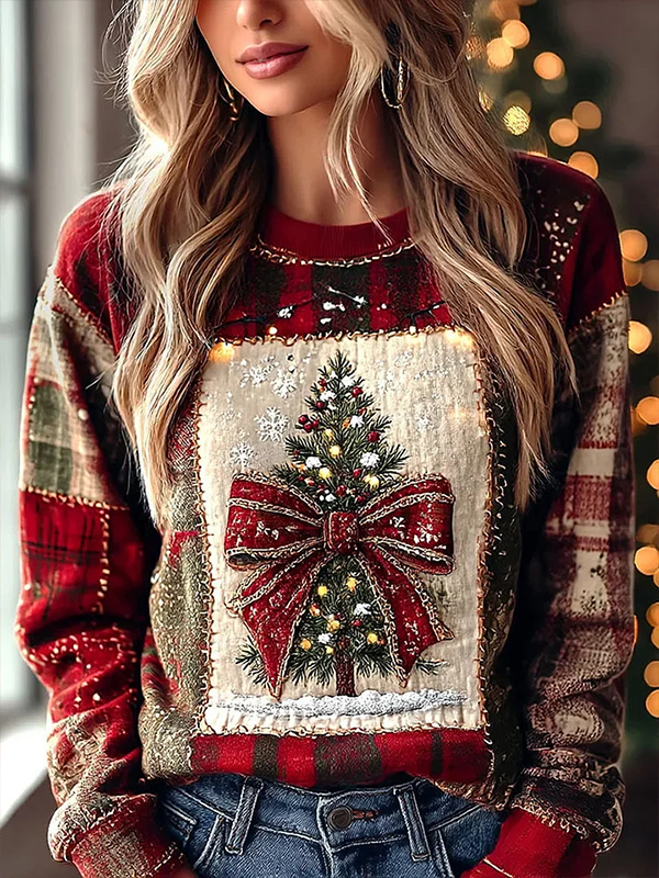 Women's Christmas Tree Christmas Color Block Plaid Art Print Casual Sweatshirt