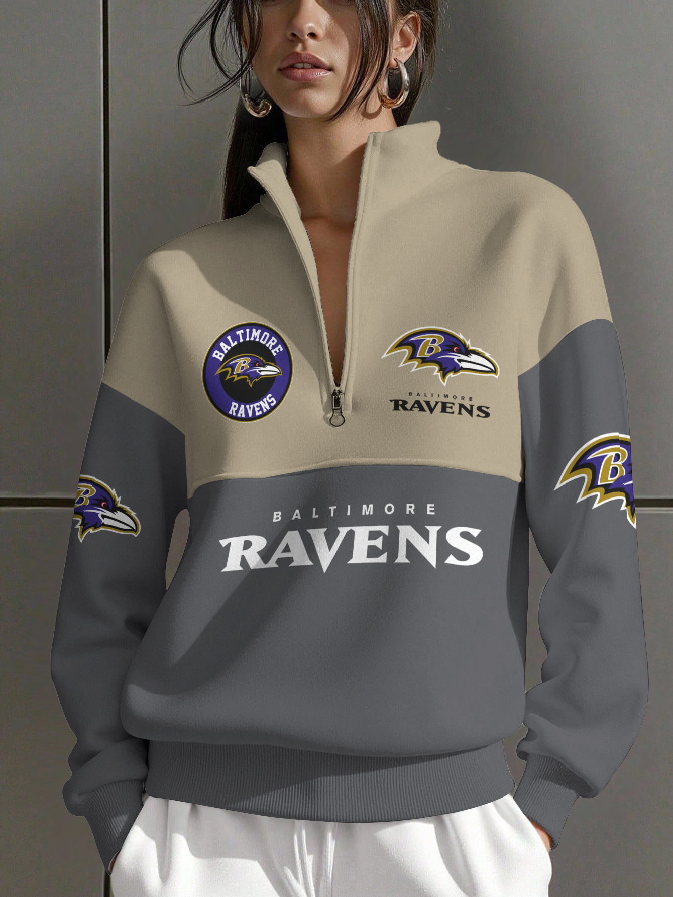 Baltimore Ravens  Women Plain Color Zip Up Long Sleeve Sweatshirt