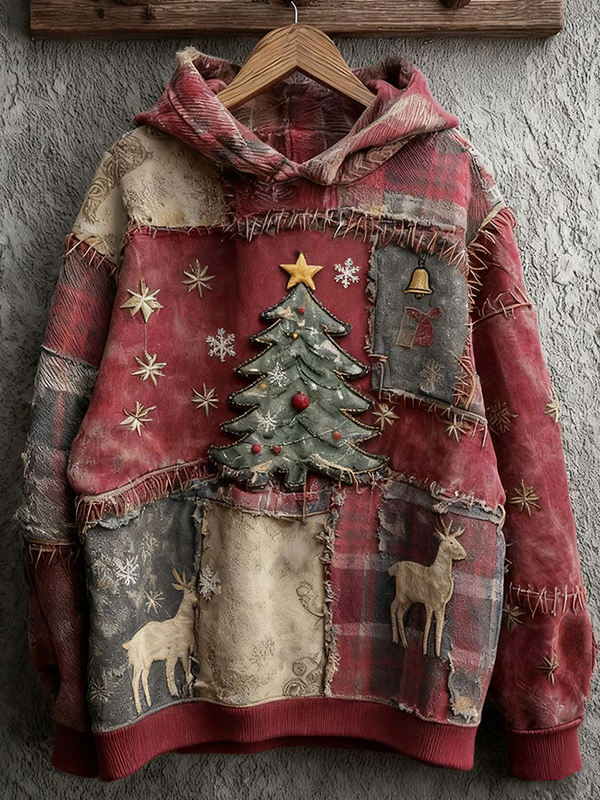 Women's Christmas Tree Patchwork Pattern Print Hoodie