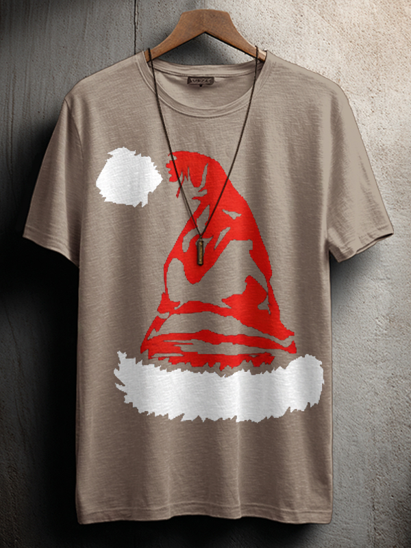 Men's Mysterious Santa Hat Print Cotton Casual T-Shirt