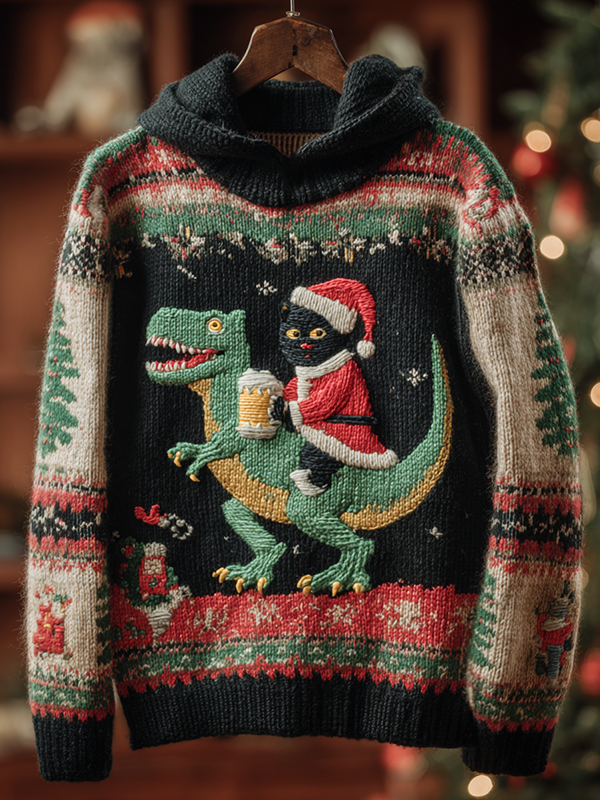 Men's Black Cat Riding a Dinosaur and Drinking Beer Print Knit Hoodie