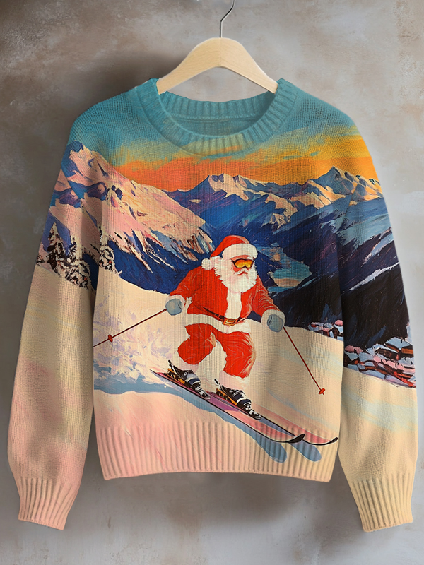 Women's Sunset Santa Skiing Art Print Knit Sweatshirt