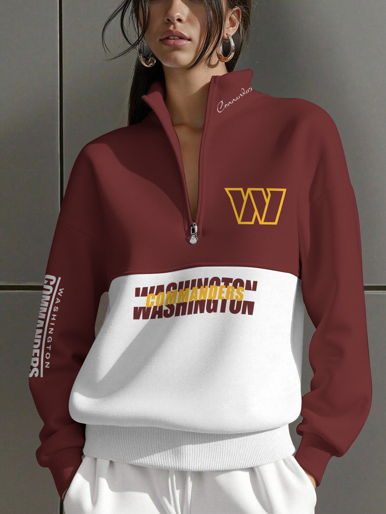 Washington Commanders  Women Plain Color Zip Up Long Sleeve Sweatshirt