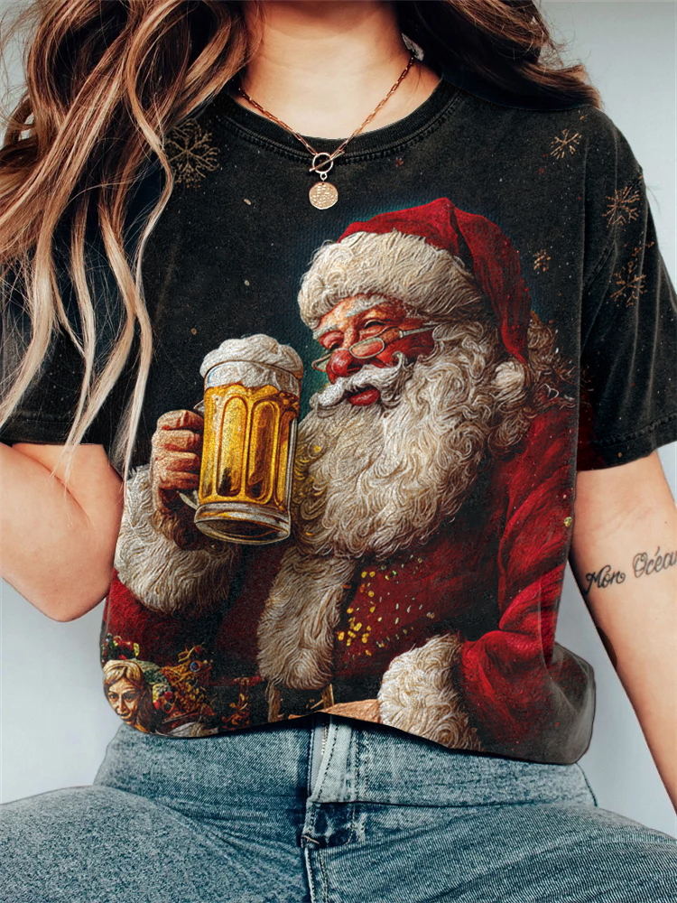 Women's Christmas Santa Claus Beer Oil Painting Print Casual T-Shirt