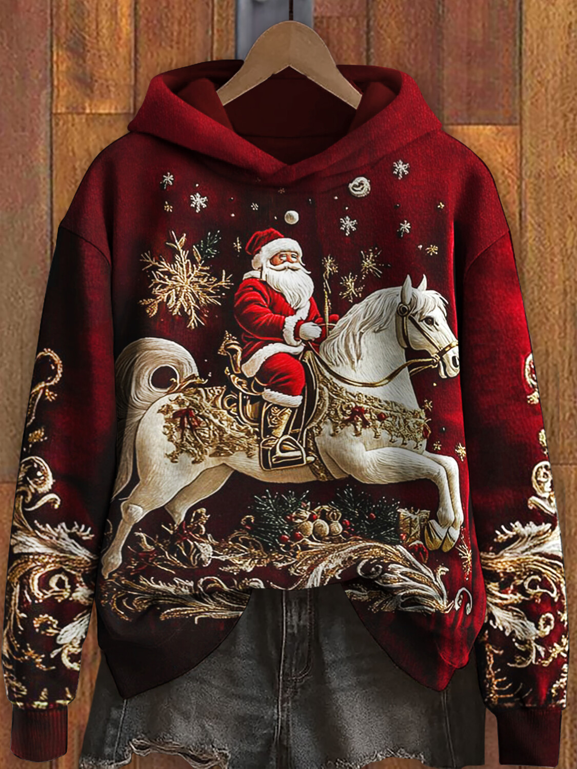 Women's Christmas Holly Snowflakes Santa Horse Print Casual Hoodie
