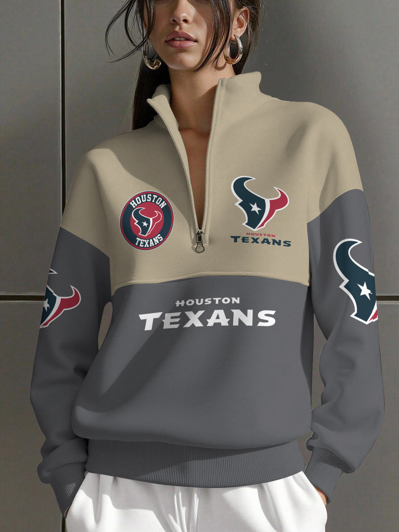 Houston Texans  Women Plain Color Zip Up Long Sleeve Sweatshirt