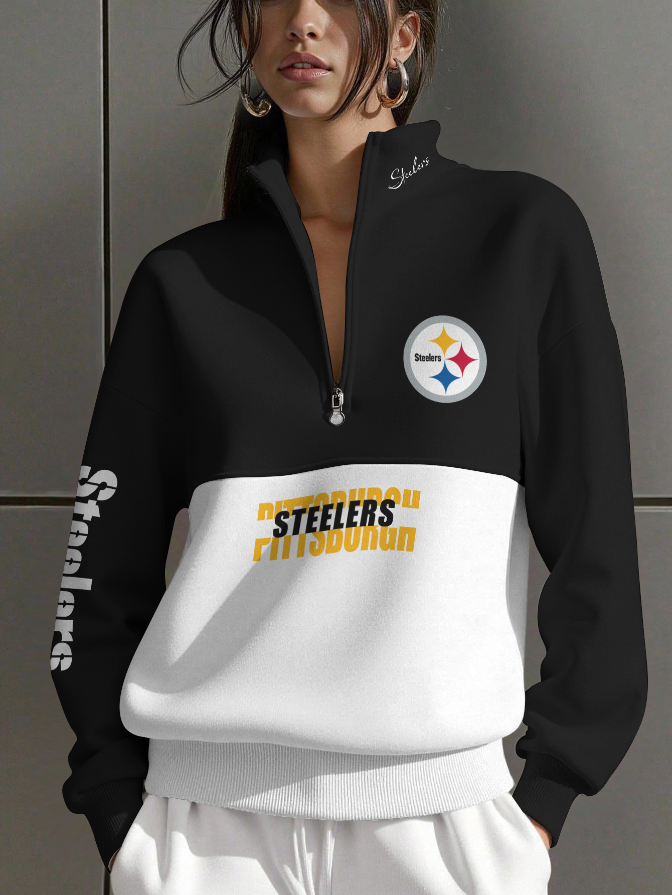 Pittsburgh Steelers    Women Plain Color Zip Up Long Sleeve Sweatshirt