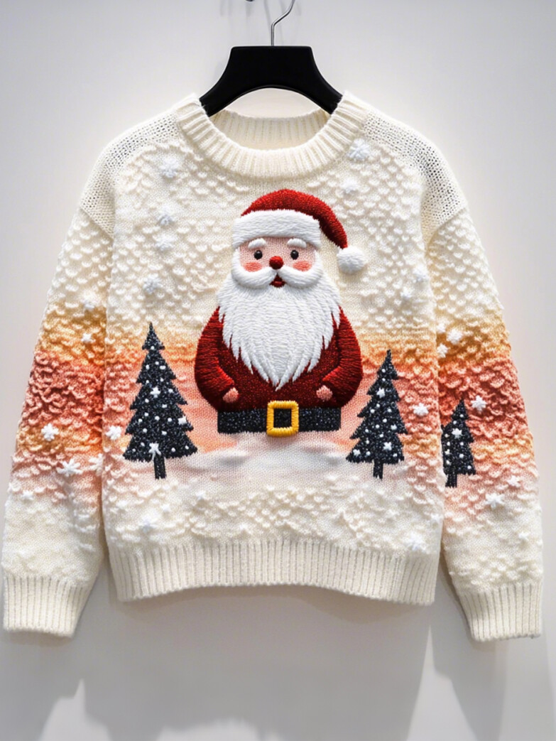 Women's Merry Christmas Cute Santa Claus Art Print Knit Sweatshirt