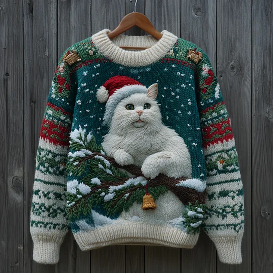 Men's Winter Christmas Hat White Cat Art Print Knit Sweatshirt