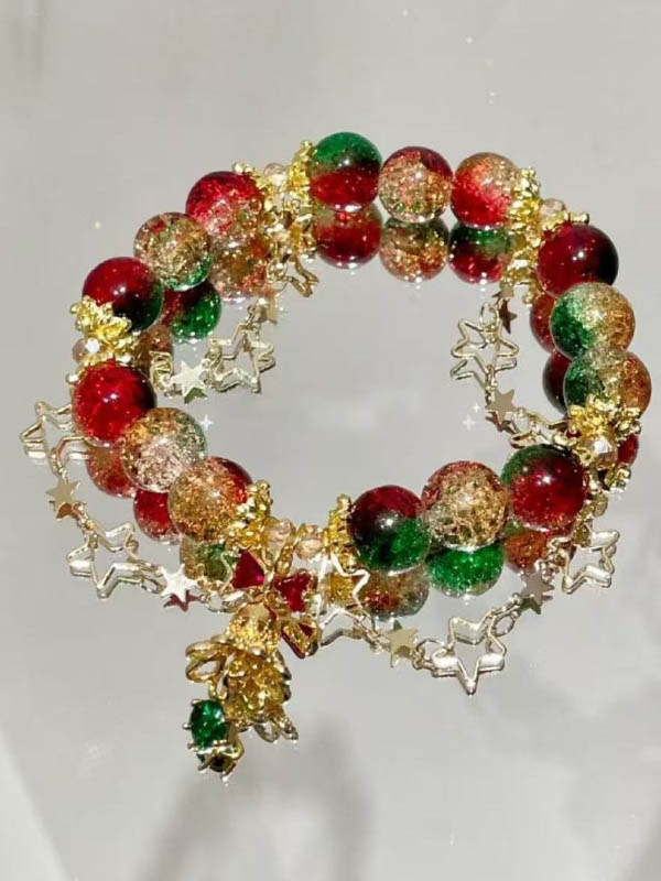 Women's Christmas Colorful Beaded Bow Star Pendant Bracelet