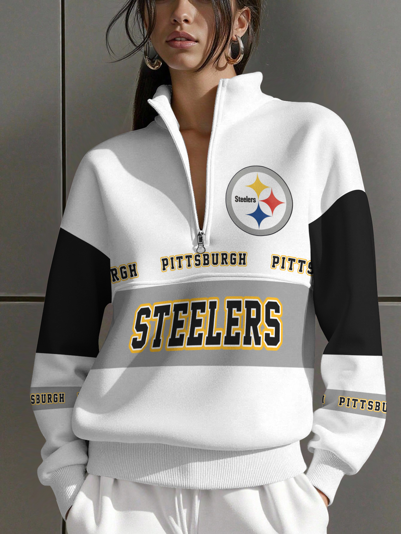 Pittsburgh Steelers  Women Plain Color Zip Up Long Sleeve Sweatshirt