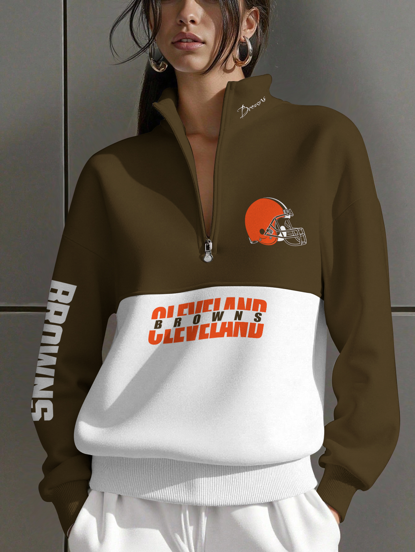 Cleveland Browns  Women Plain Color Zip Up Long Sleeve Sweatshirt