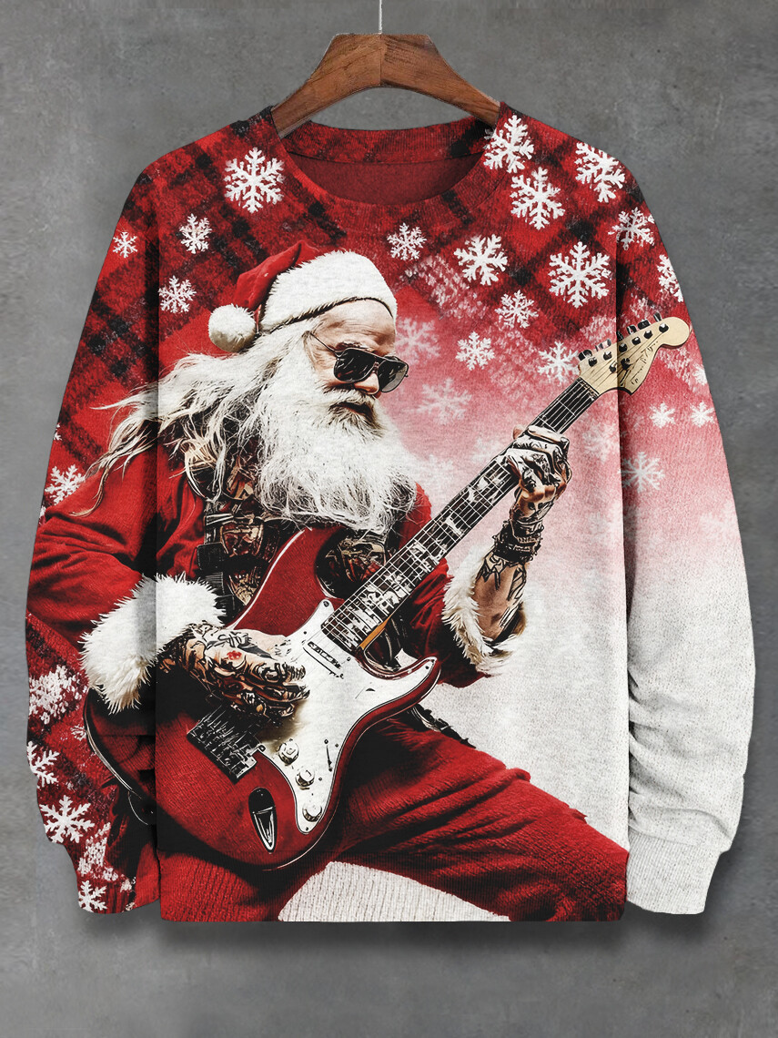 Men's Rock Santa Guitar Christmas Plaid Art Print Casual Sweatshirt