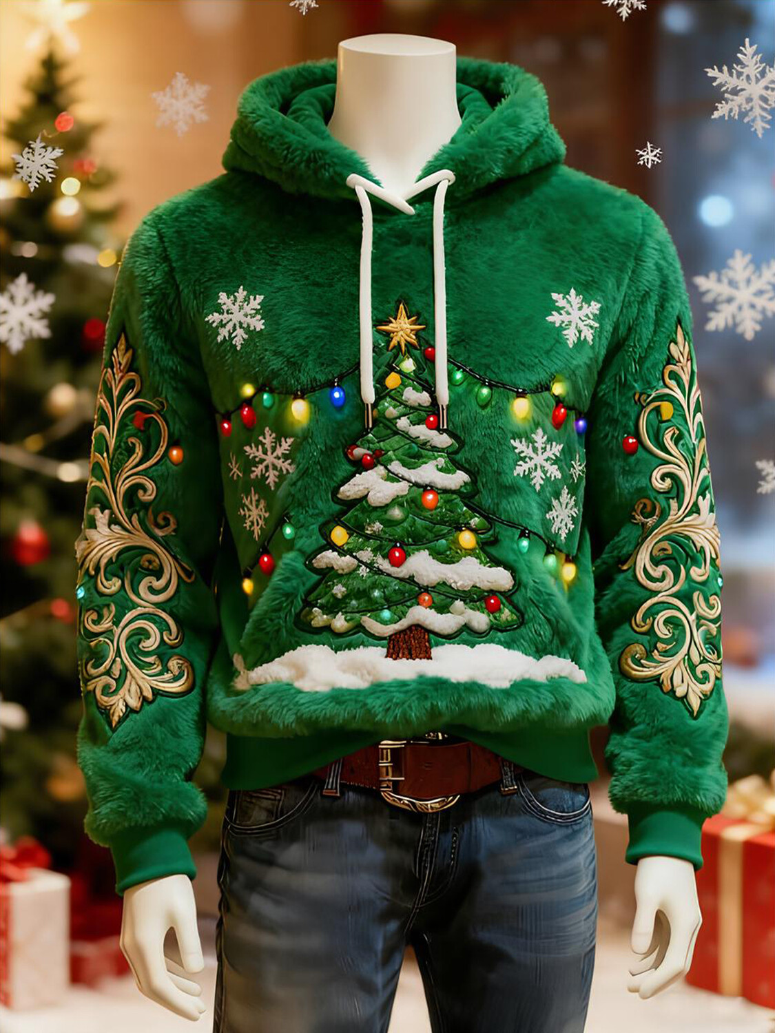 Men's Christmas Tree Lights And Snowflakes Print Casual Flannel Hoodie