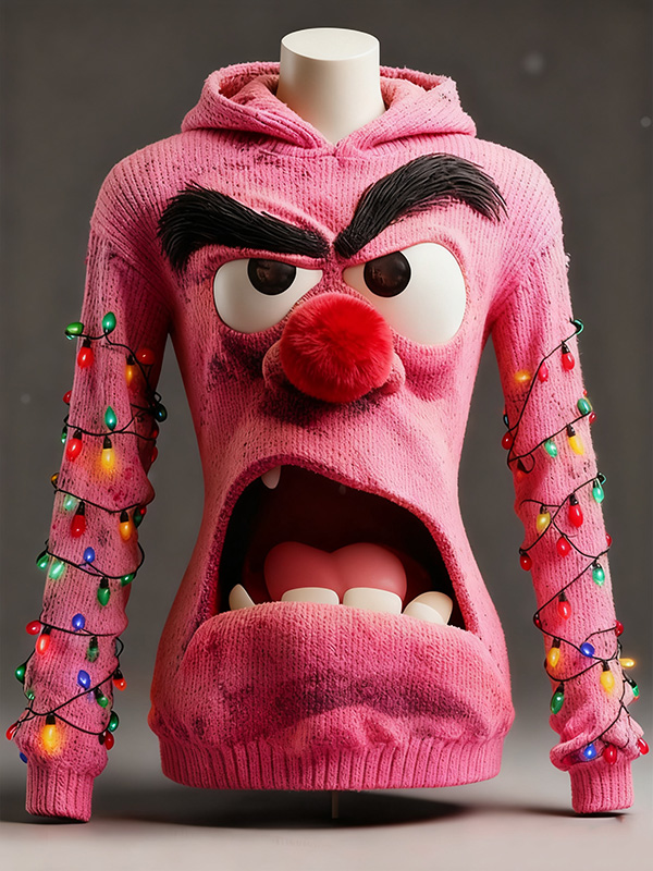 Women's 3D Grumpy Face Ugly Christmas LED String Lights Print Knit Hoodie