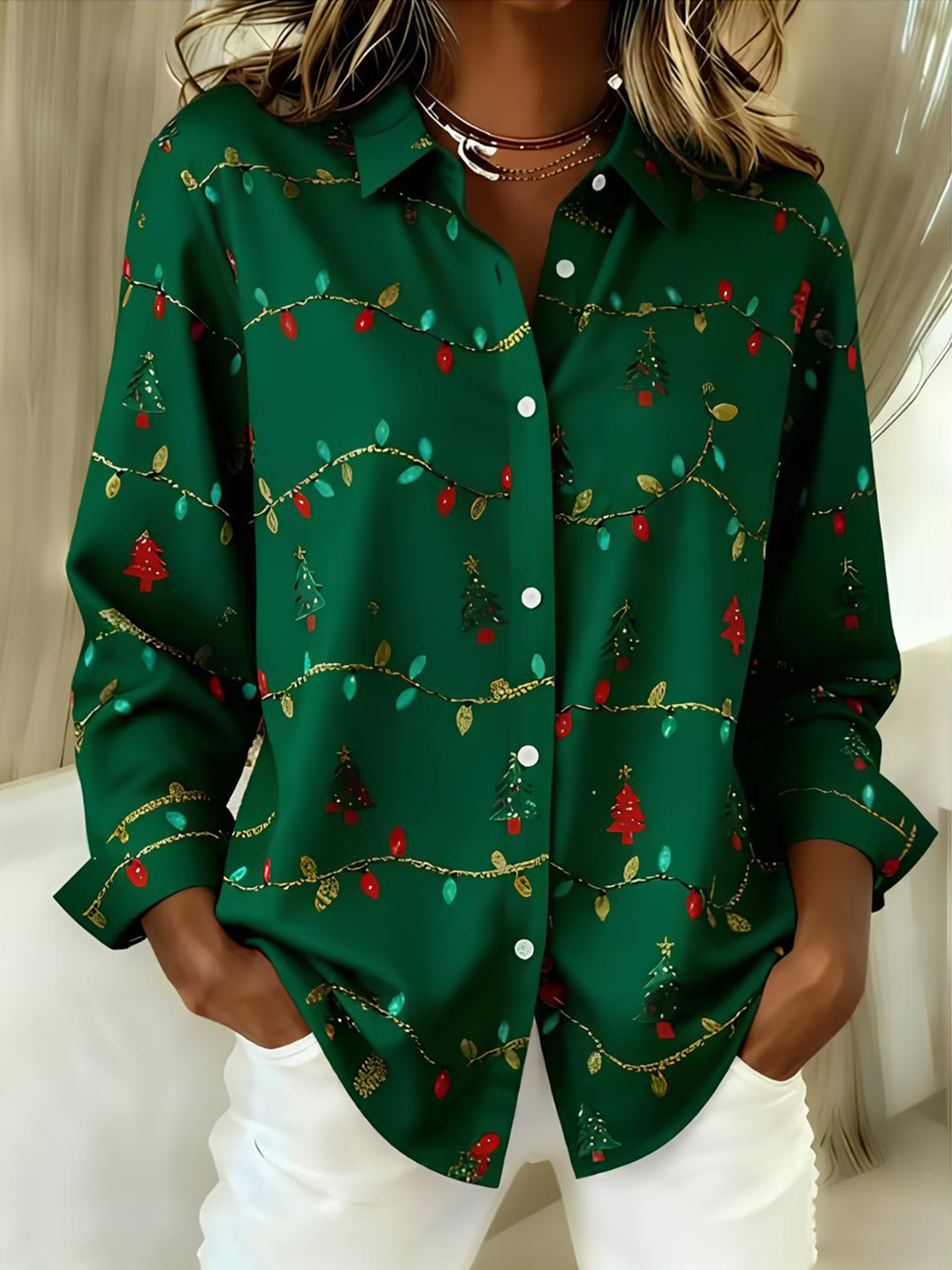 Women's Christmas Lights Print Long Sleeve Shirt