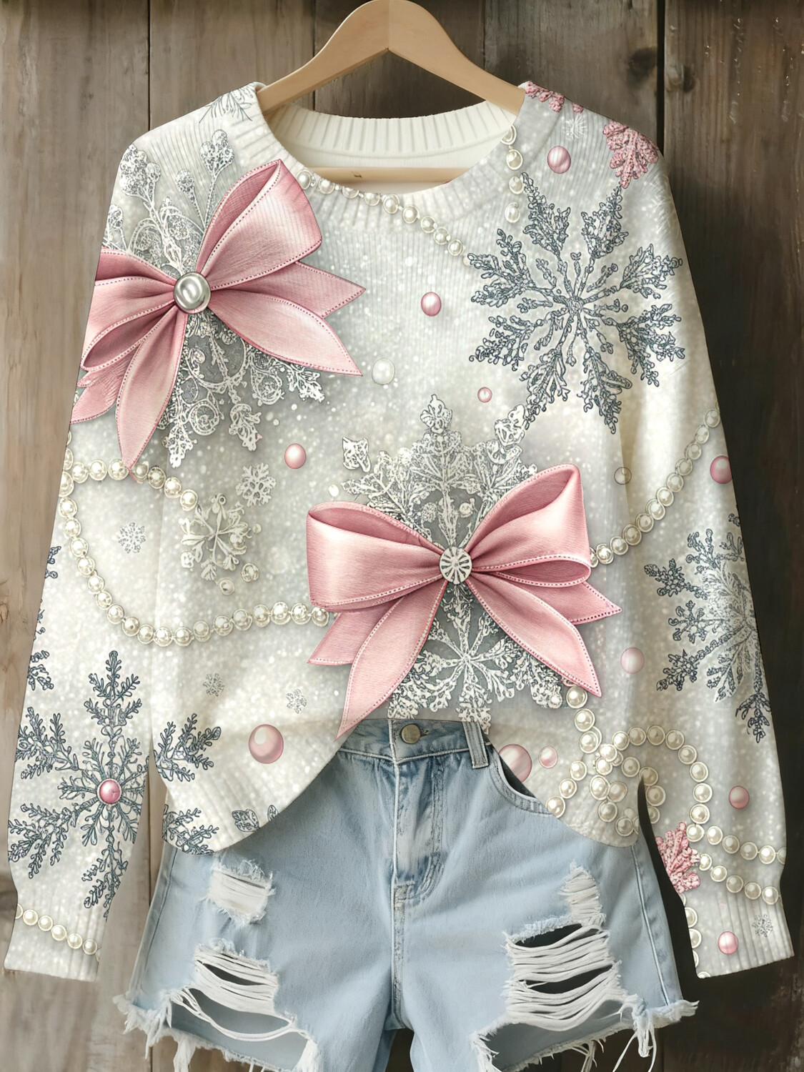 Women's Christmas Snowflake Pink Bowknot Print Knit Sweatshirt