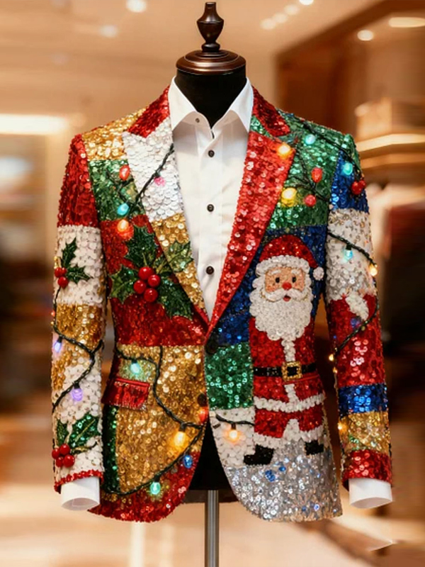 Men's Christmas Santa Claus Holly Sparkly Sequin Print Corduroy Blazer