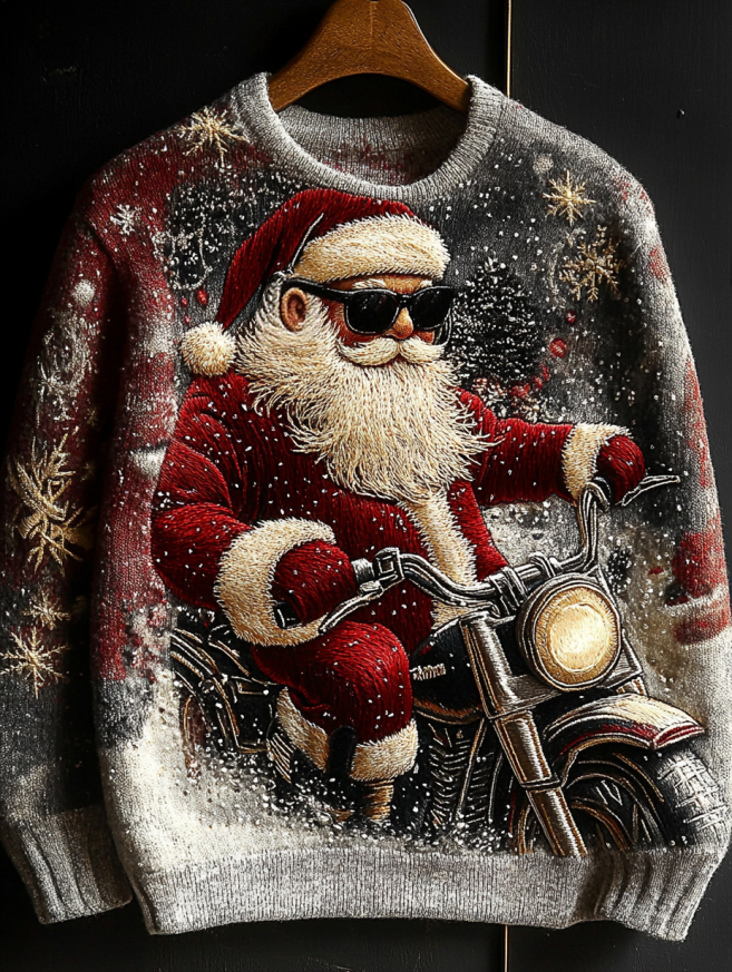 Men's Christmas Santa Claus Riding A Motorcycle In The Snow Print Knit Sweatshirt