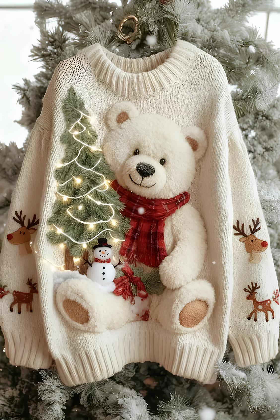 Women's Christmas Tree Reindeer Bear Print Knit Sweatshirt