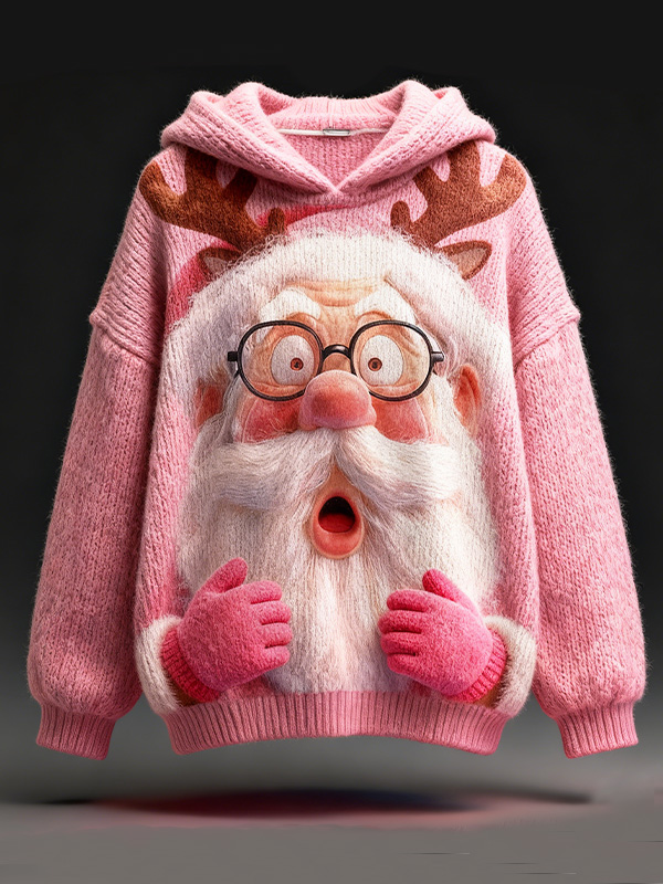 Women's Christmas Funny Santa Claus Reindeer Antlers Print Knit Hoodie