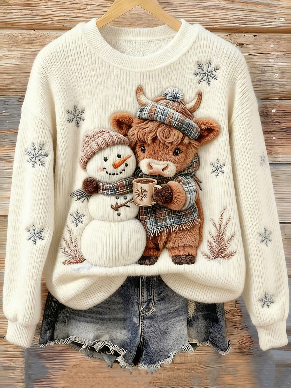 Women's Christmas Snowflakes Snowman Cattle Print Knit Sweatshirt