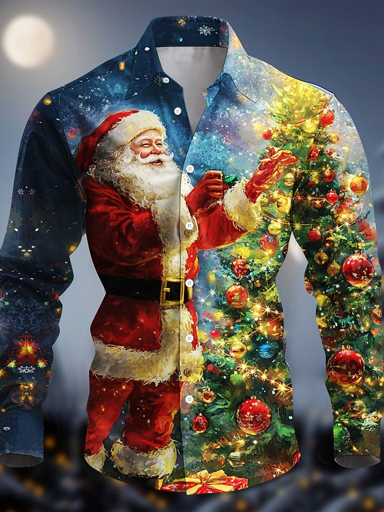 Men's Santa Claus Lights Christmas Tree Print Long Sleeve Shirt