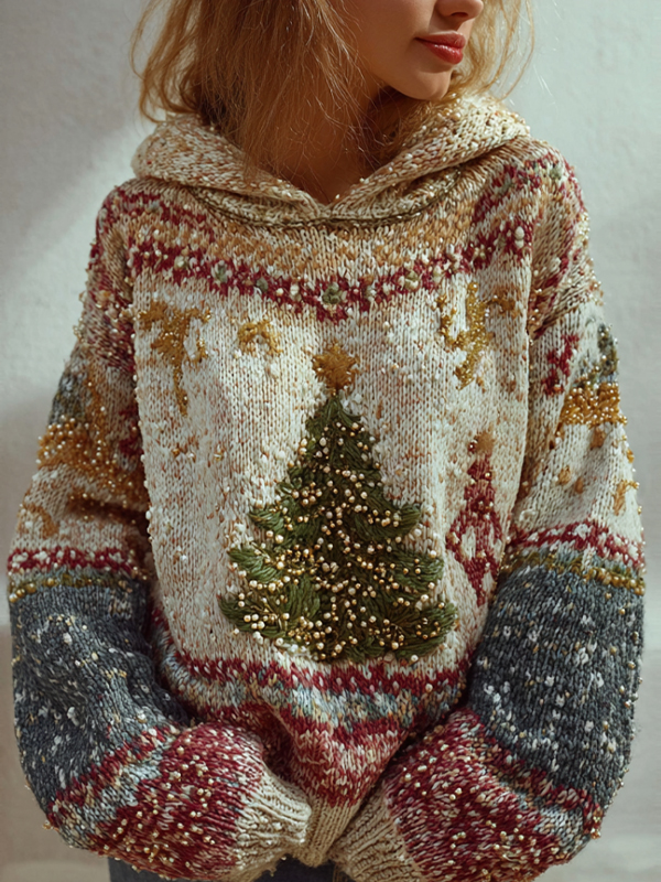 Women's Nordic Christmas Tree Pattern Print Knit Hoodie