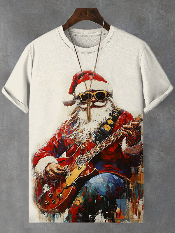 Men's Santas In Sunglasses Playing Guitar Print Casual T-Shirt