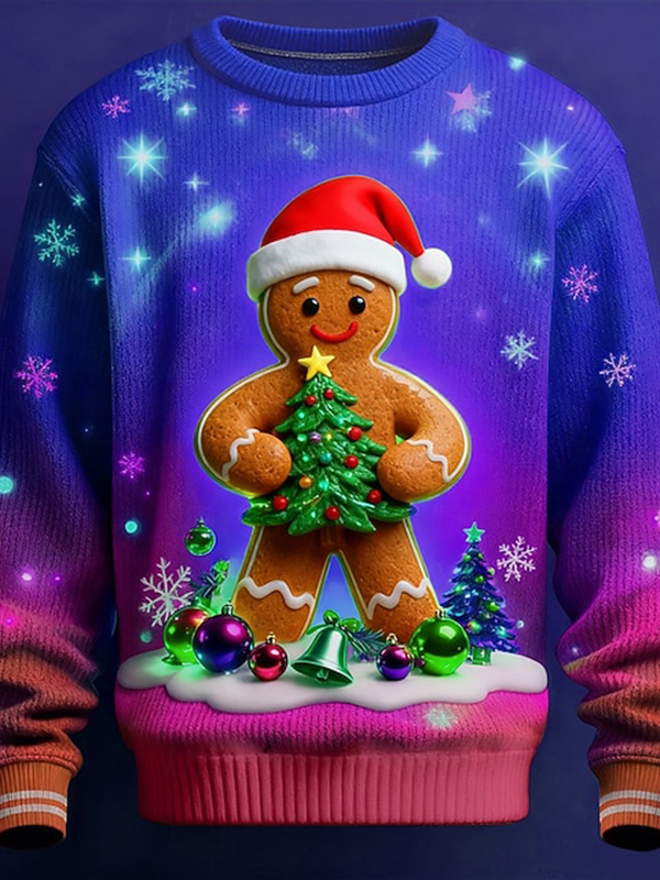 Men's Christmas Tree Gingerbread Man Gradient Print Ribbed Sweatshirt