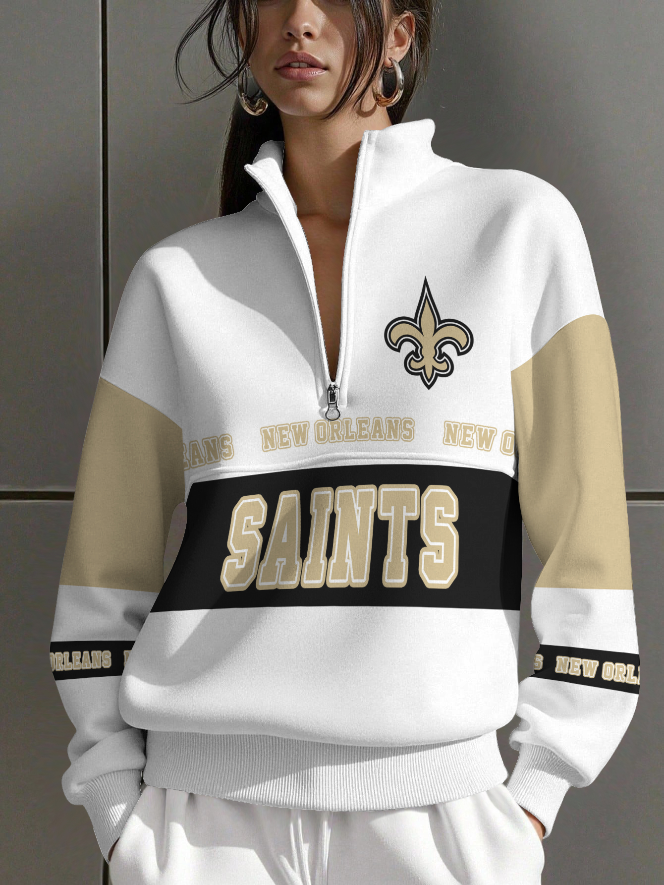 New Orleans Saints  Women Plain Color Zip Up Long Sleeve Sweatshirt