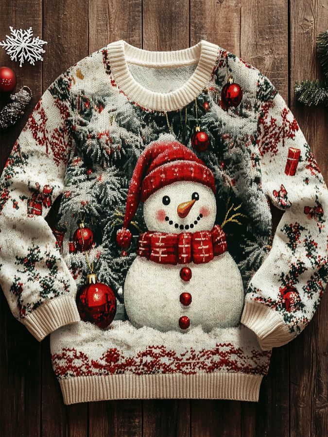 Men's Christmas Tree Snowman Snowflake Print Knit Sweatshirt