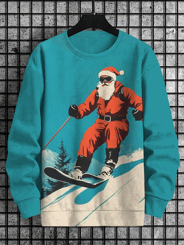 Men's Retro Santa Claus Skiing Art Print Casual Sweatshirt