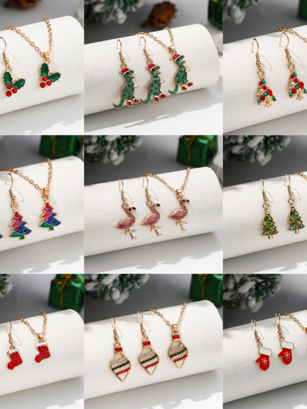 Christmas Elements Snowflake Socks Snowman Tree Pendant Earrings Necklace Jewelry Set
