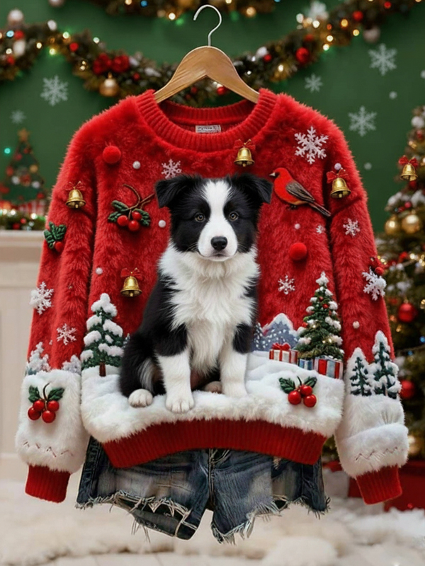 Women's Christmas Tree Dog Print Knit Sweatshirt