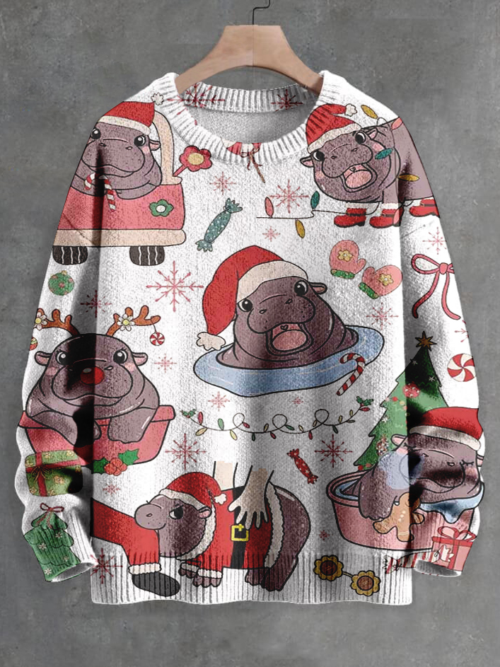Men's Christmas Moon Deng Hippo Gift Art Print Knit Sweatshirt