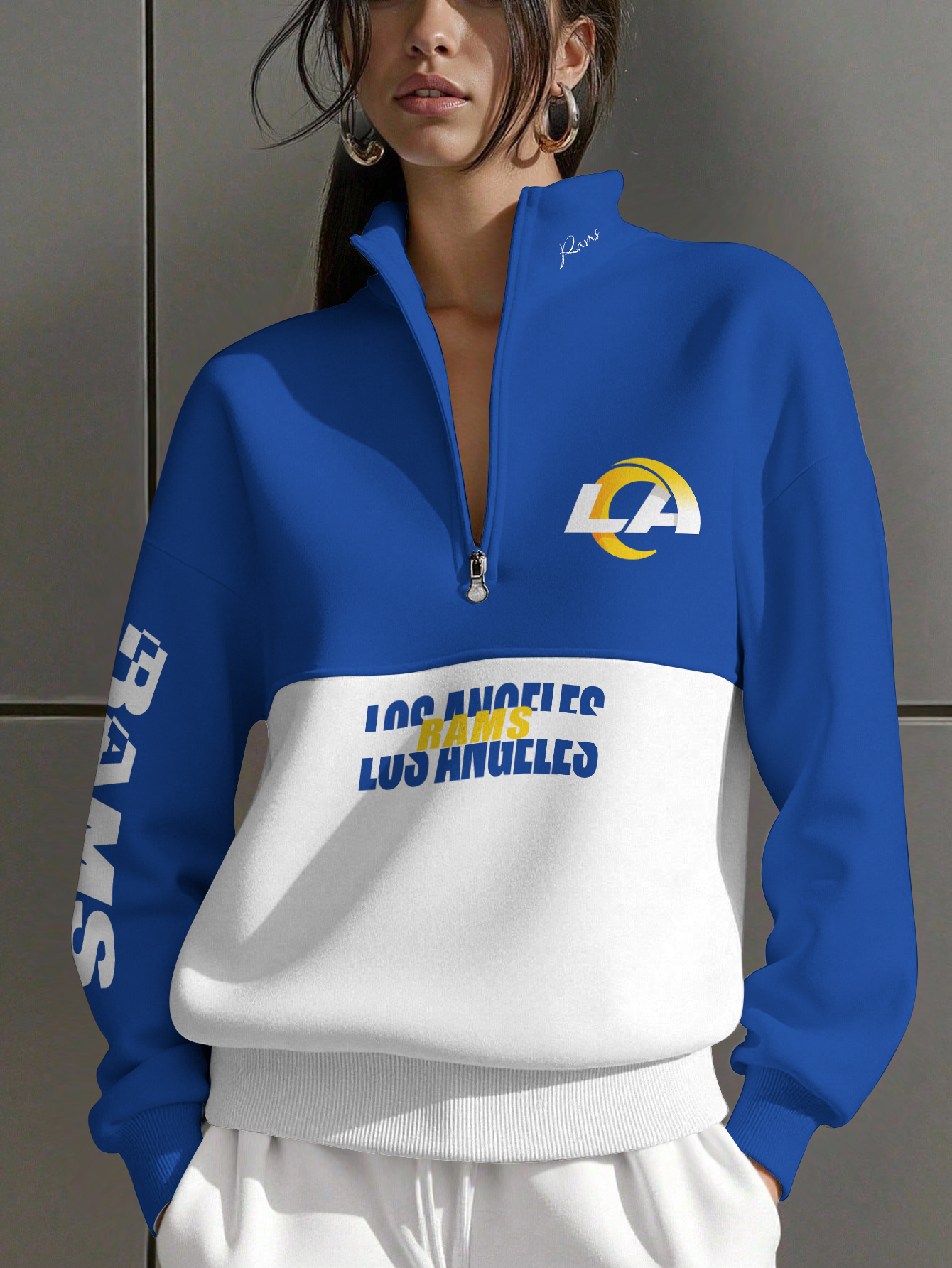 Los Angeles Rams  Women Plain Color Zip Up Long Sleeve Sweatshirt